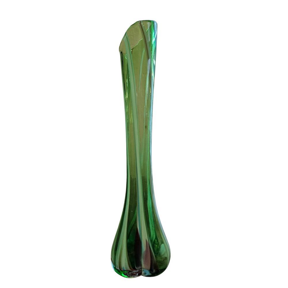 Vintage MCM Hand Blown Glass Stretch Bud Vase 10.5" Green Art Decor 1960s Mod